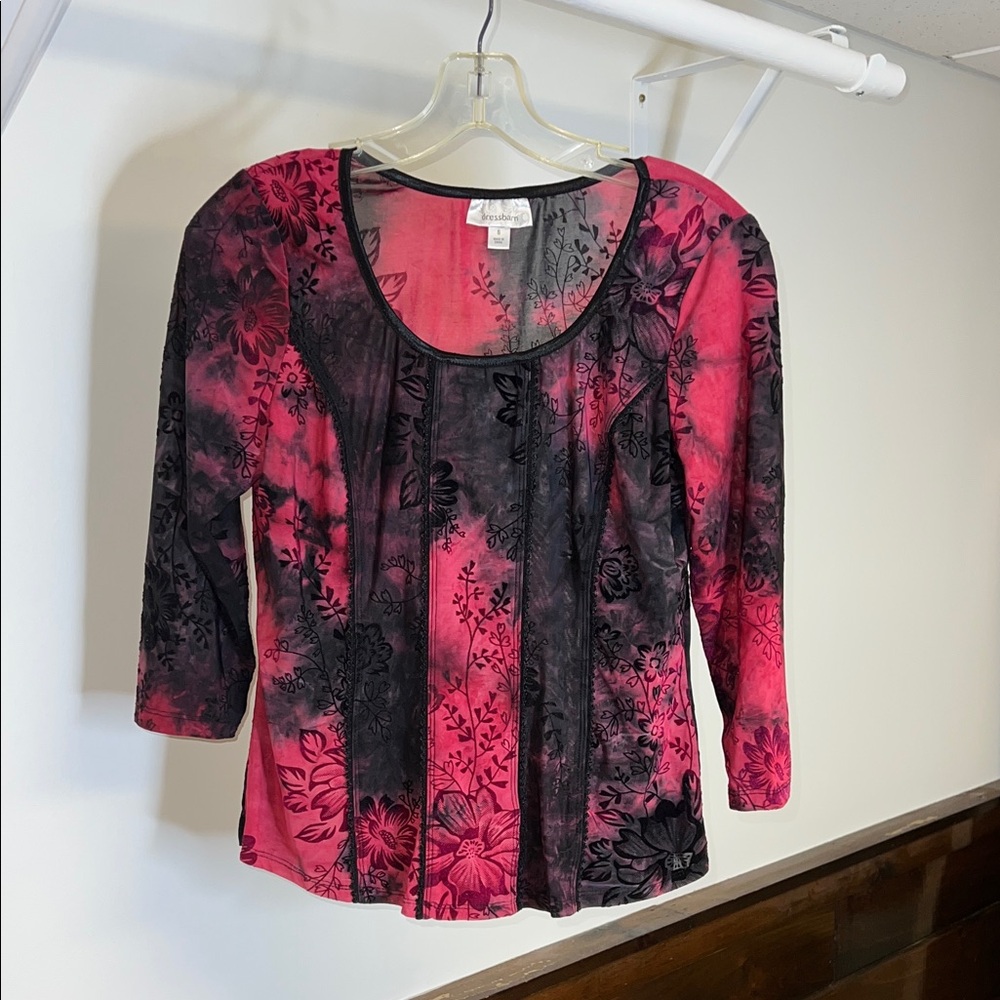 Y2K Dressbarn Red and Black Floral Scoop Neck Top- S